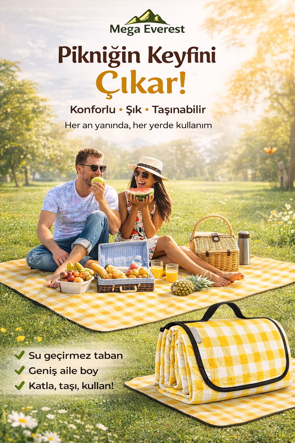 160x205 Sarı Ekoseli Piknik Örtüsü